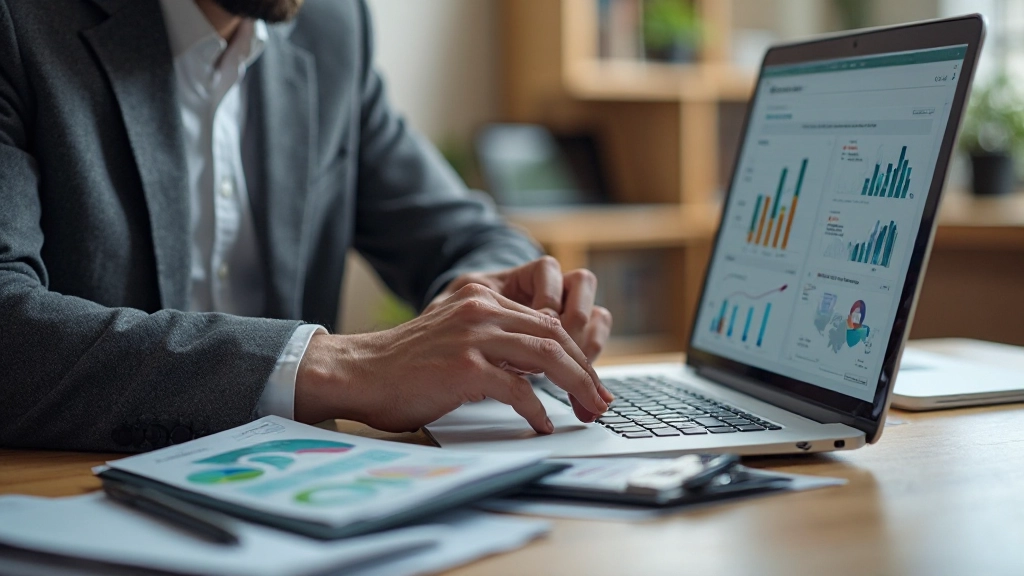 Профессионал работает с таблицей показателей и метрик ROI на ноутбуке