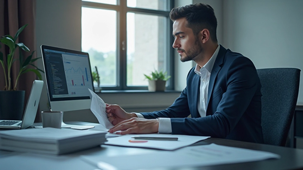 Аналитик работает с данными и информацией на ноутбуке в офисе