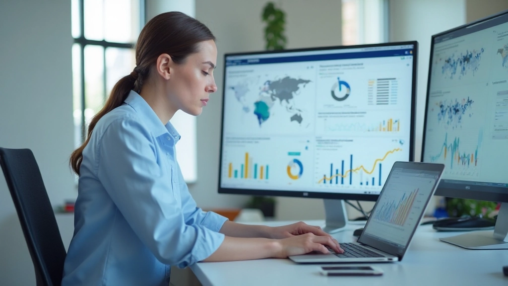 Аналитик маркетинга изучает метрики производительности на экране ноутбука в современном офисе