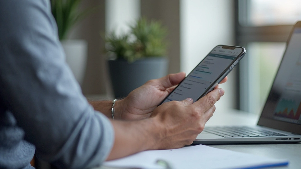 Маркетолог проверяет результаты A/B теста на мобильном телефоне